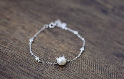 925 Sterling Silver Cat Bracelet with Freshwater Pearl | Elegant Gift for Cat Lovers