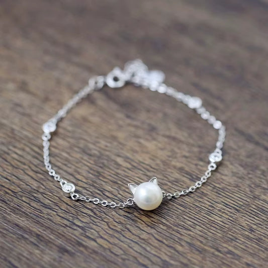 925 Sterling Silver Cat Bracelet with Freshwater Pearl | Elegant Gift for Cat Lovers
