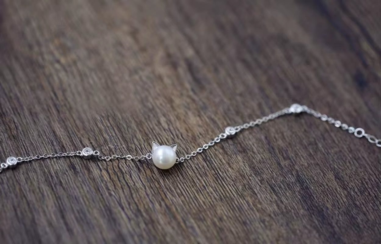 925 Sterling Silver Cat Bracelet with Freshwater Pearl | Elegant Gift for Cat Lovers