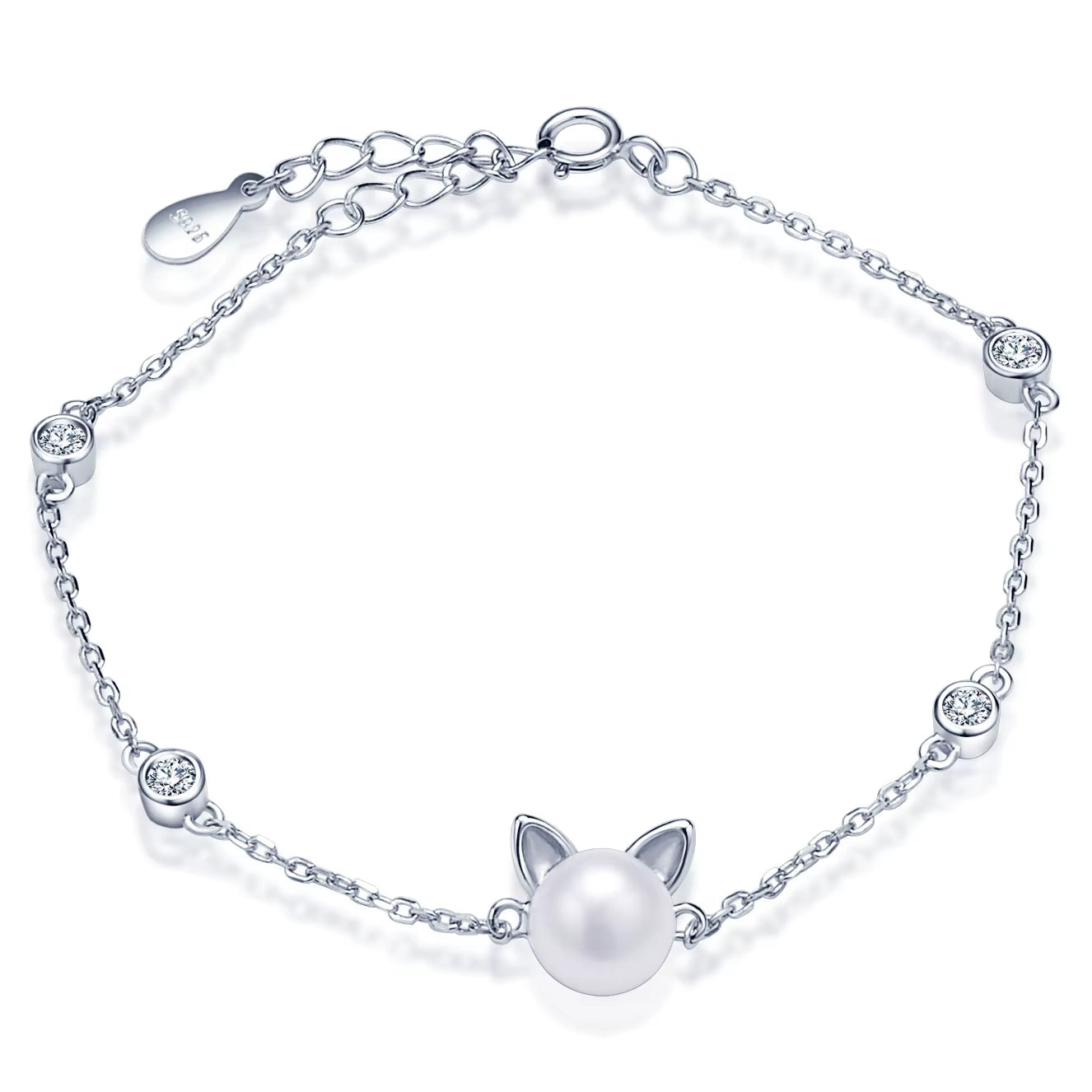 Freshwater Pearl Cat Bracelet in Solid 925 Sterling Silver