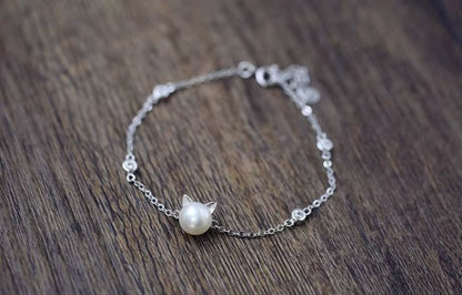 925 Sterling Silver Cat Bracelet with Freshwater Pearl | Elegant Gift for Cat Lovers